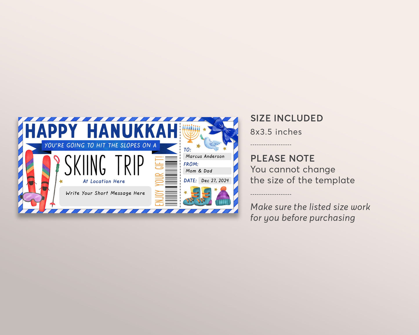 Happy Hanukkah Skiing Trip Gift Certificate Editable Template, Surprise Chanukah Holiday Ski Pass Vacation Gift Voucher, Skiing Lessons