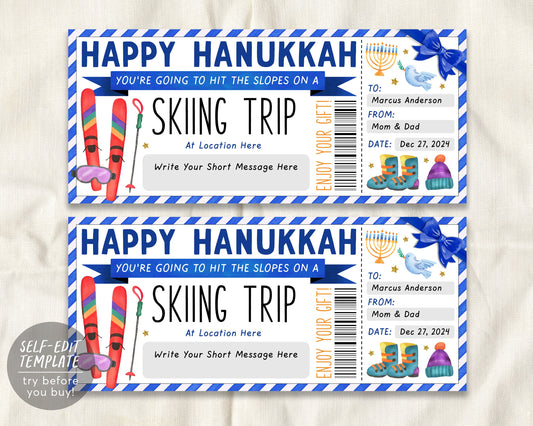 Happy Hanukkah Skiing Trip Gift Certificate Editable Template