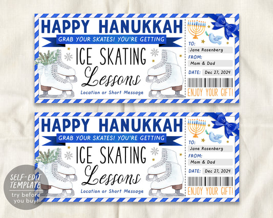 Happy Hanukkah Ice Skating Lessons Gift Certificate Editable Template