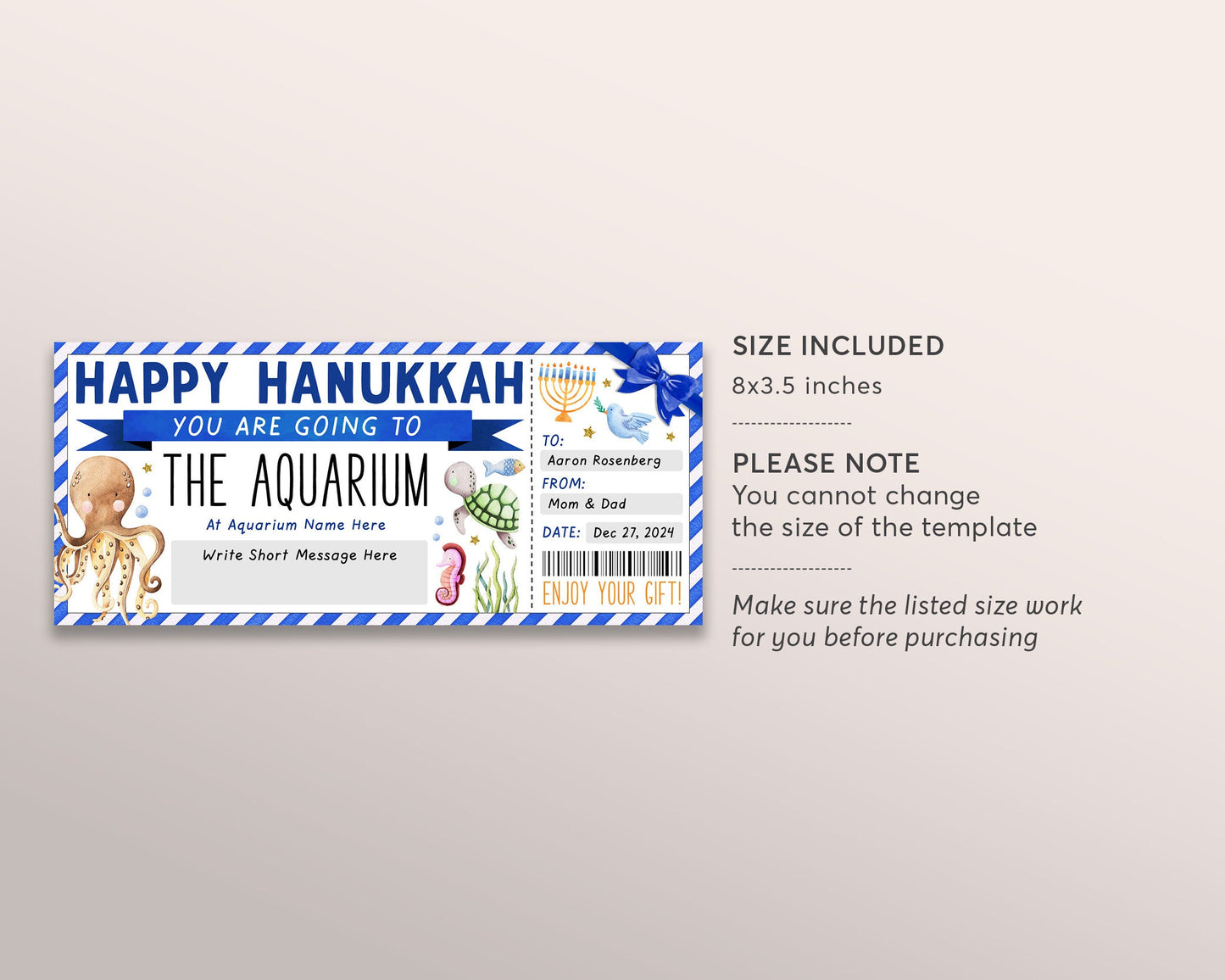 Hanukkah Aquarium Trip Ticket Editable Template, Surprise Chanukah Aquarium Visit Gift Voucher For Kids, Day Trip Gift Certificate Coupon