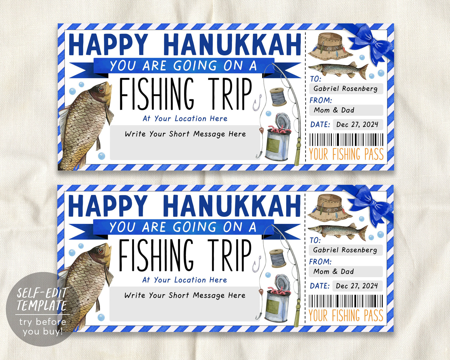 Hanukkah Retirement Fishing Trip Ticket Editable Template