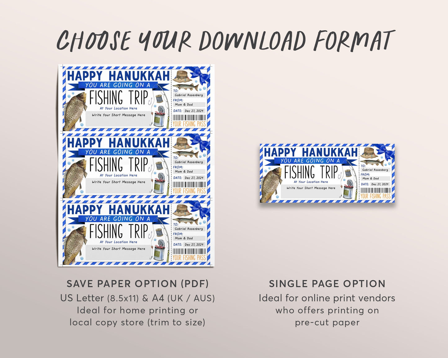 Hanukkah Retirement Fishing Trip Ticket Editable Template, Chanukah Fishing Trip Reveal Gift Certificate, Fishing Day Trip Voucher Coupon