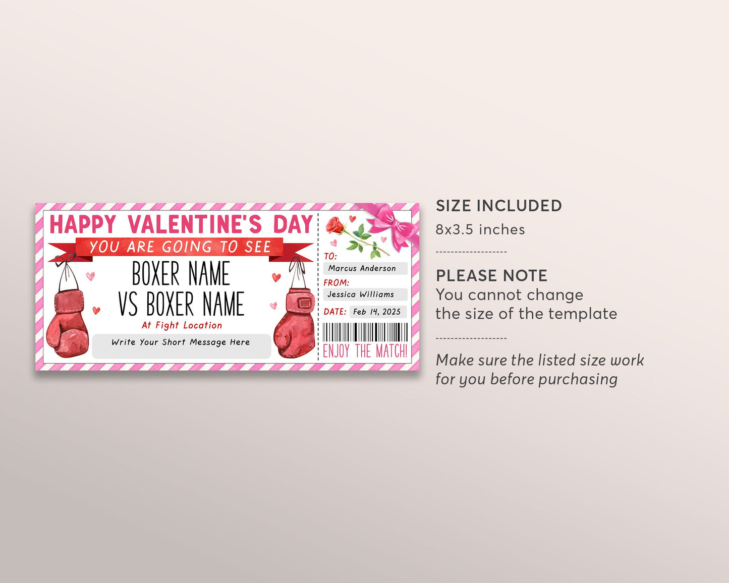 Valentines Day Boxing Ticket Gift Editable Template, Anniversary Boxing Match Voucher Gift Certificate, Boxing Ring Stadium Sports Coupon