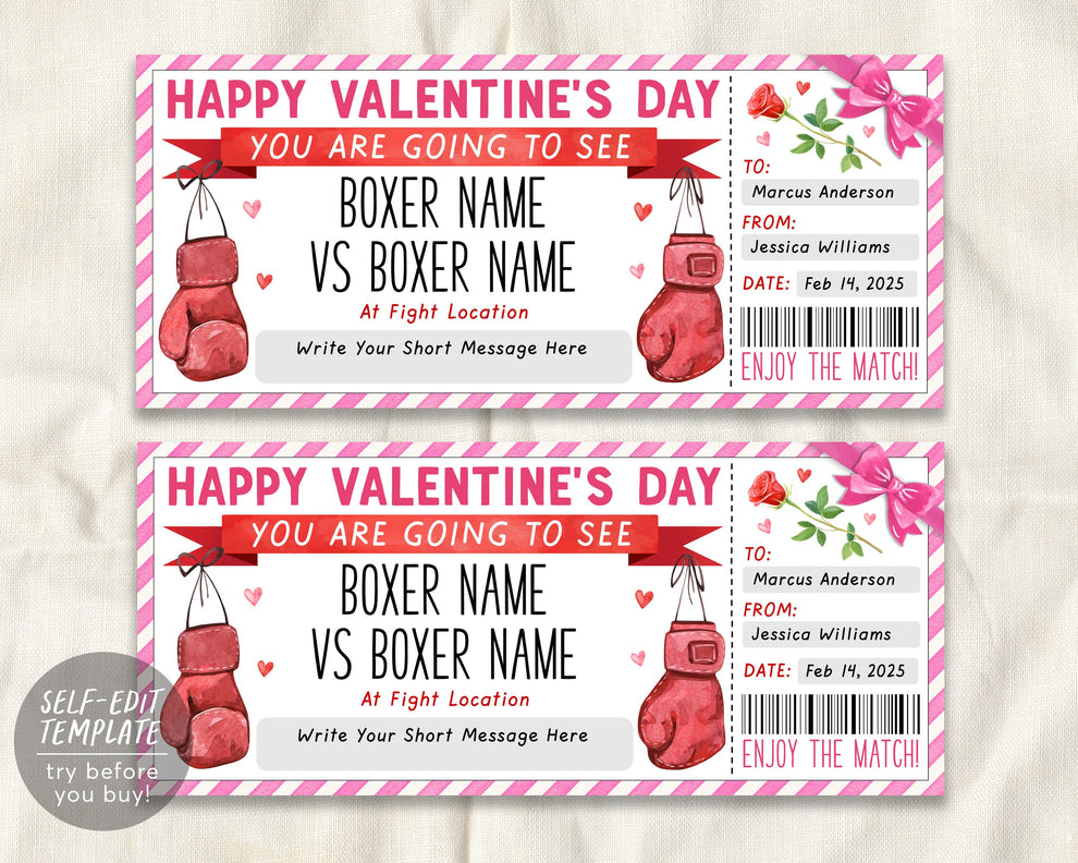Valentines Day Boxing Ticket Gift Editable Template, Anniversary Boxin ...