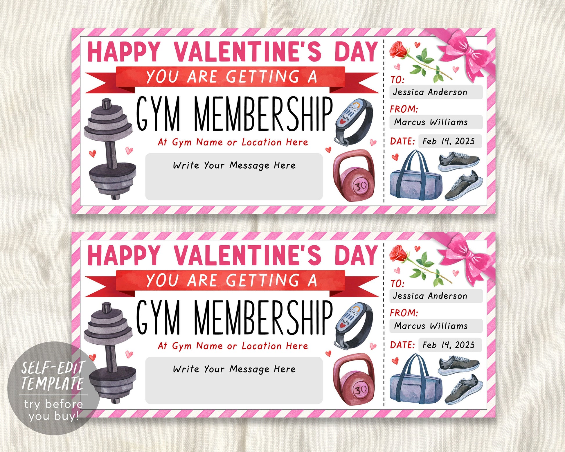 Valentines Day Gym Membership Ticket Editable Template