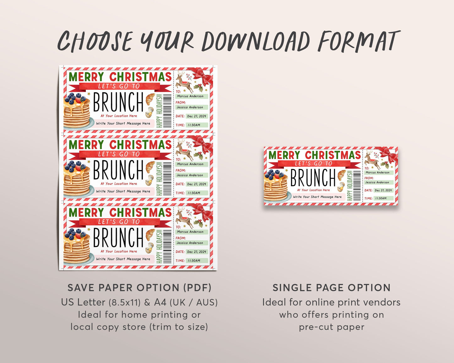 Christmas Brunch Coupon Ticket Editable Template, Surprise Xmas Lunch Luncheon Gift Certificate, Holiday Pancakes Gift Voucher Printable