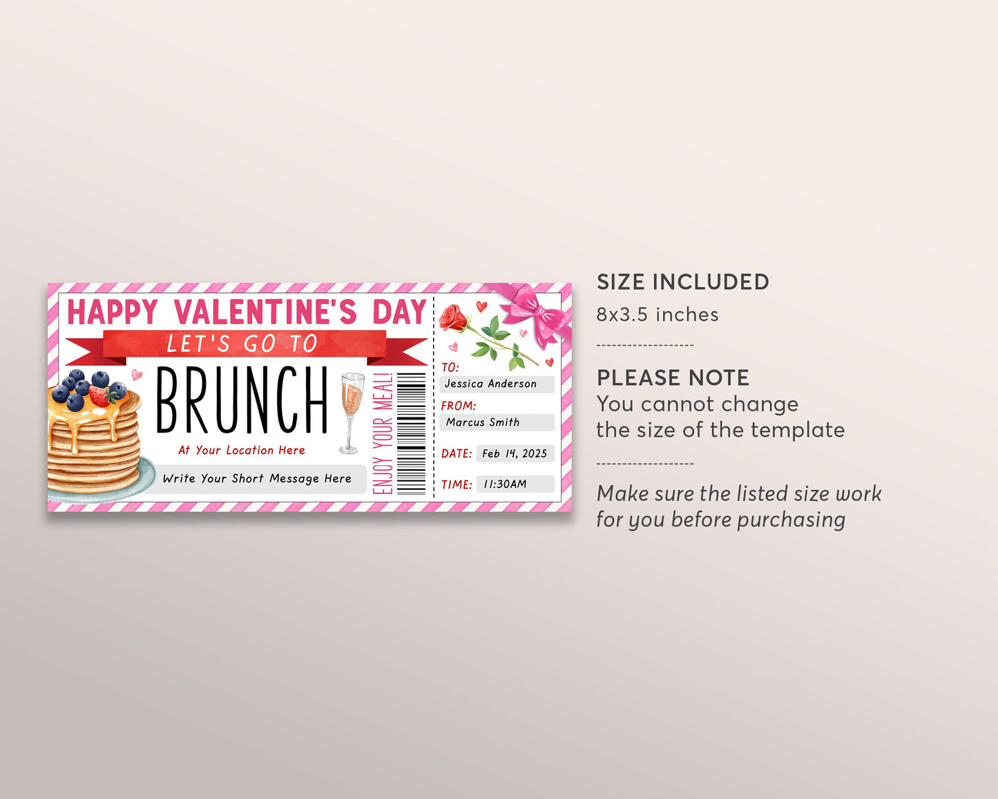 Valentines Day Brunch Coupon Ticket Editable Template, Anniversary Surprise Lunch Luncheon Gift Certificate, Breakfast Pancakes Gift Voucher