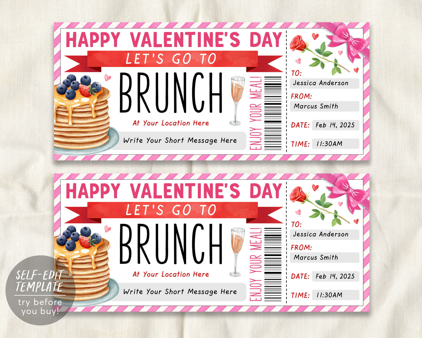 Valentines Day Brunch Coupon Ticket Editable Template