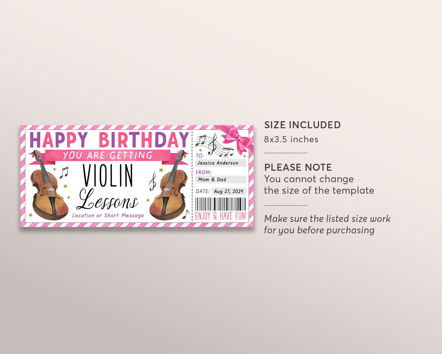 Violin Lessons Gift Certificate Editable Template, Birthday Surprise Music Violin Class Masterclass Gift Voucher Gift Reveal Coupon For Her