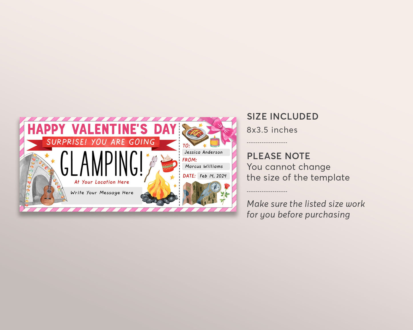 Valentines Day Glamping Trip Ticket Editable Template, Anniversary Glamping Weekend Trip Reveal Gift Certificate Camping Voucher Coupon