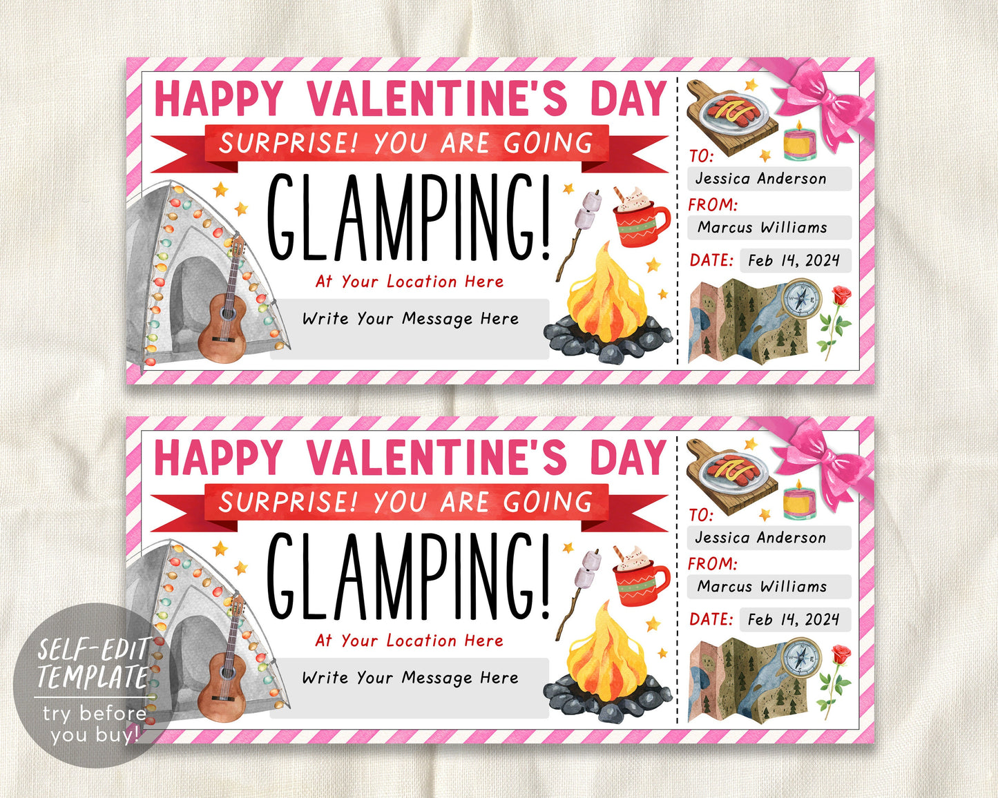 Valentines Day Glamping Trip Ticket Editable Template