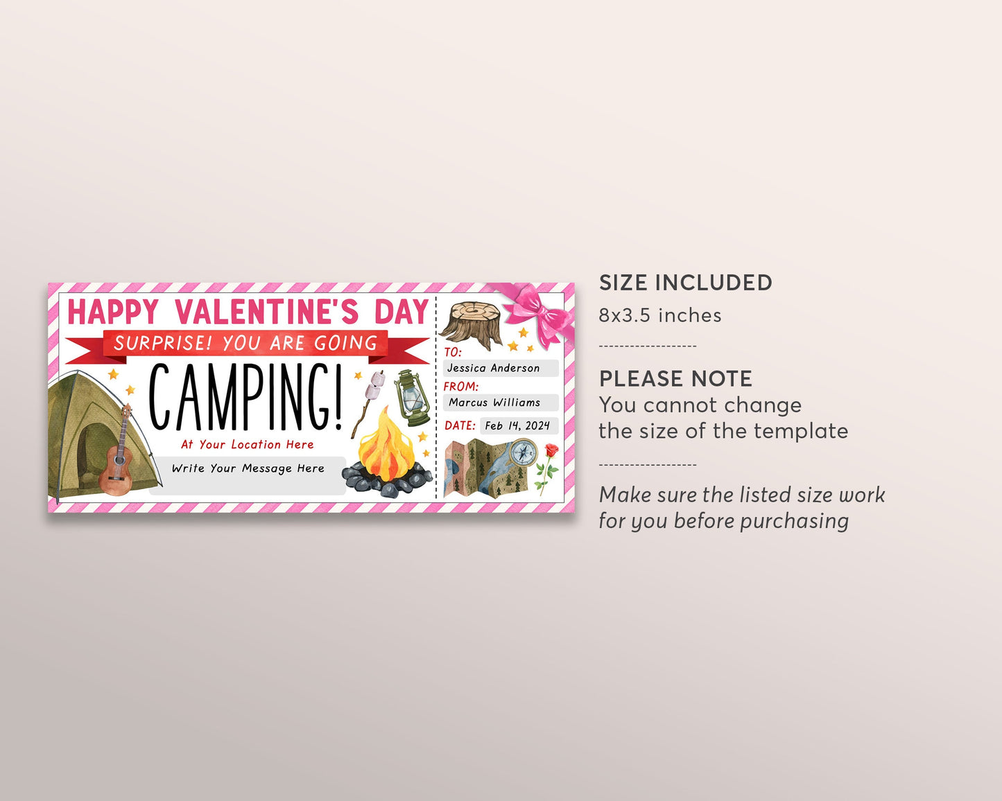 Valentines Day Camping Trip Ticket Editable Template, Anniversary Weekend Trip Gift Certificate, Wilderness Hiking Experience Voucher Coupon