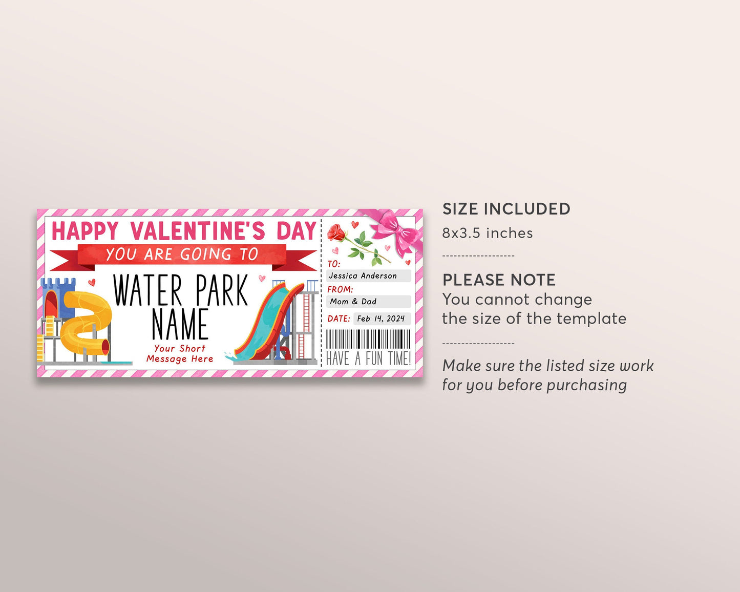 Valentines Day Water Park Ticket Editable Template, Anniversary Surprise Waterpark Visit Gift Voucher, Slide Season Pass Gift Certificate