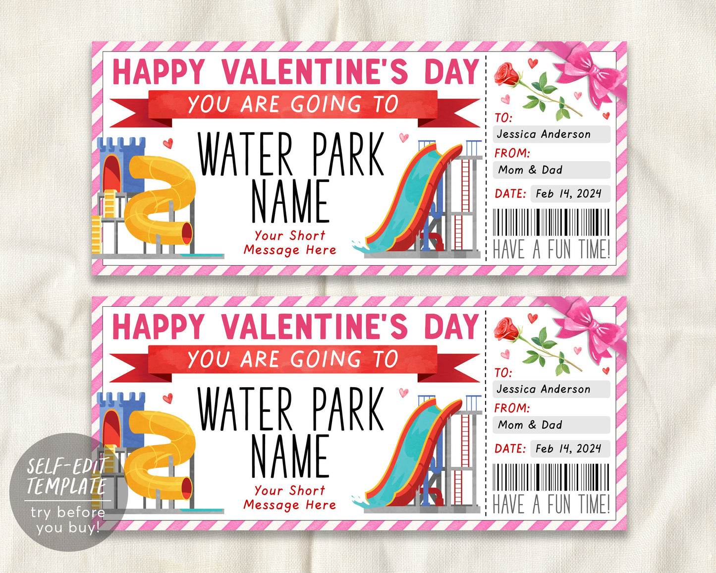 Valentines Day Water Park Ticket Editable Template