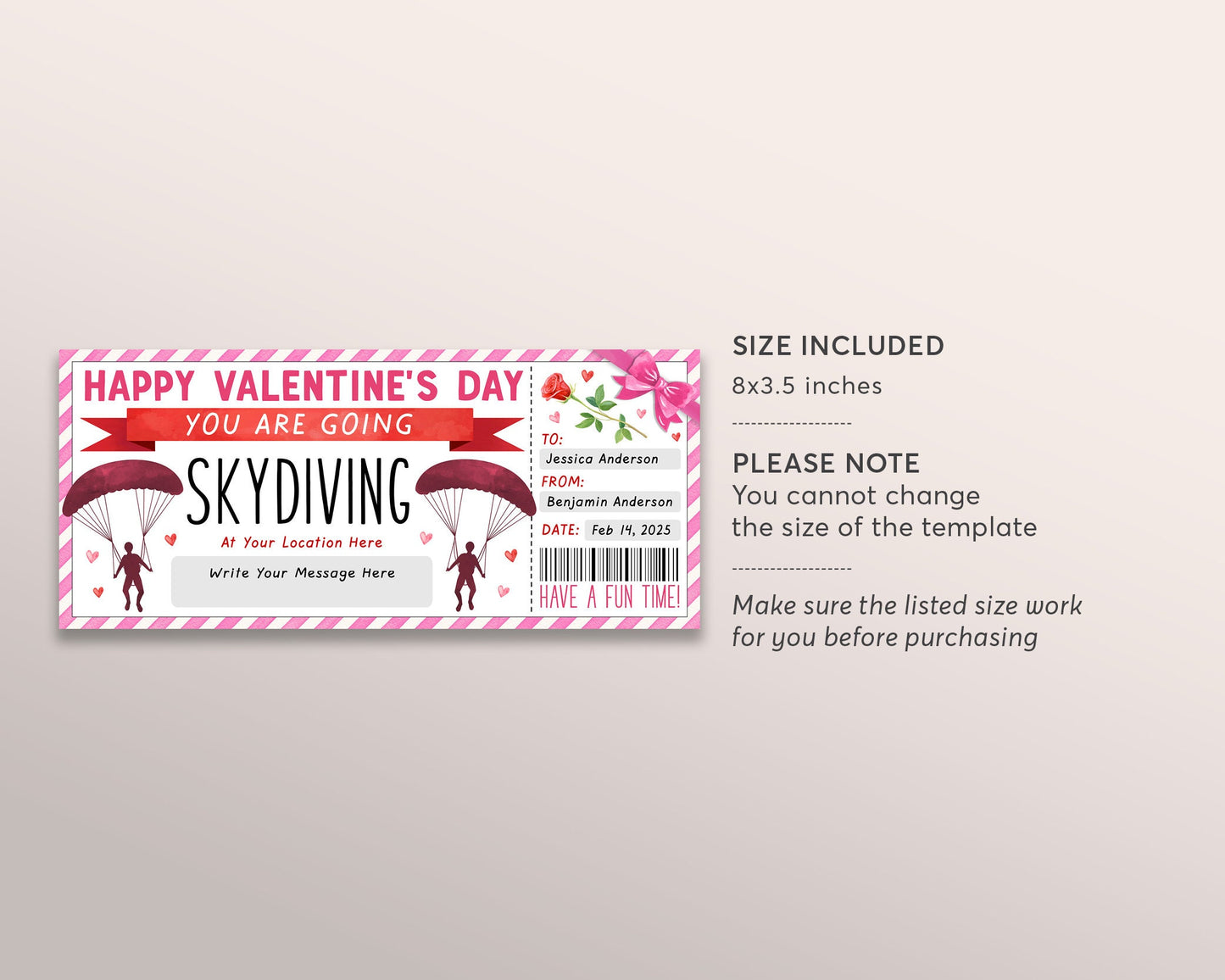 Valentines Day Skydiving Ticket Gift Certificate Ticket Editable Template, Anniversary Skydiving Gift Voucher, Sky Dive Parachuting Coupon