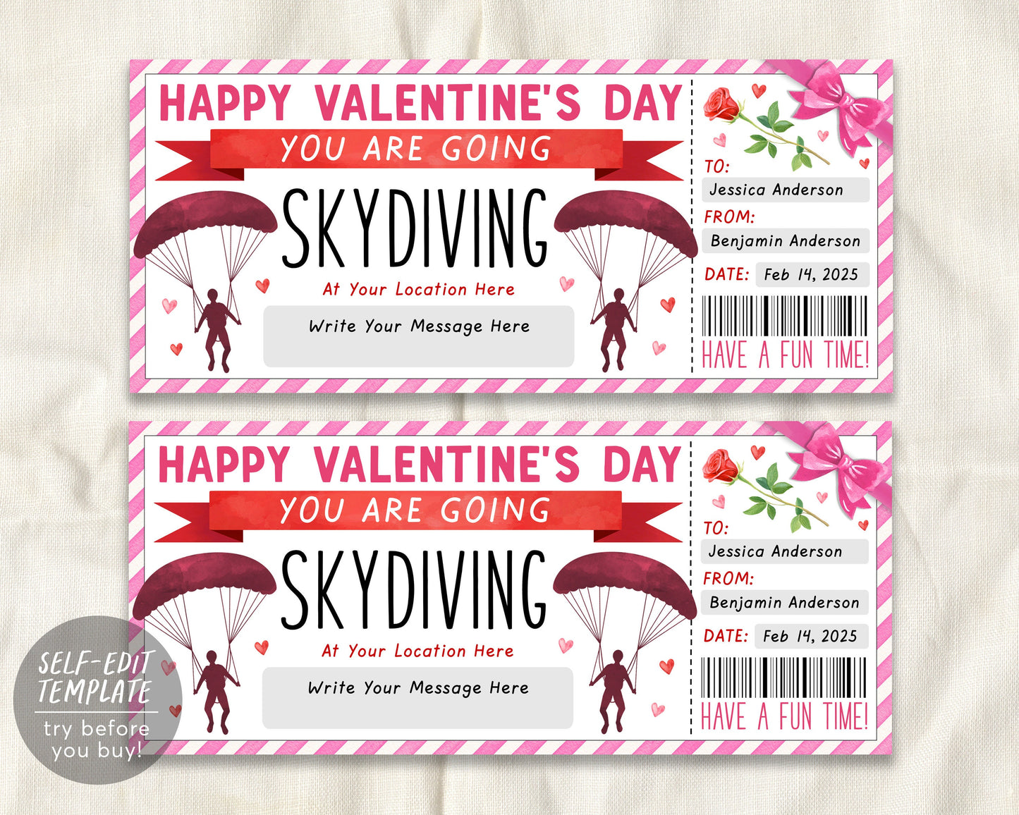 Valentines Day Skydiving Ticket Gift Certificate Ticket Editable Template