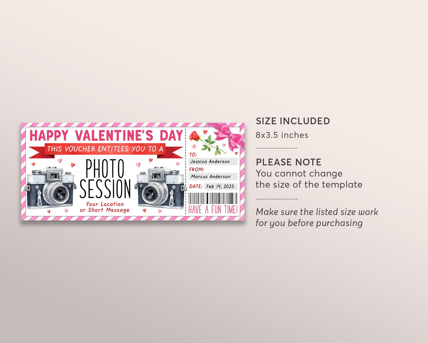 Valentines Day Photography Session Gift Voucher Ticket Editable Template, Anniversary Photo Session Experience Gift Certificate Photo Shoot