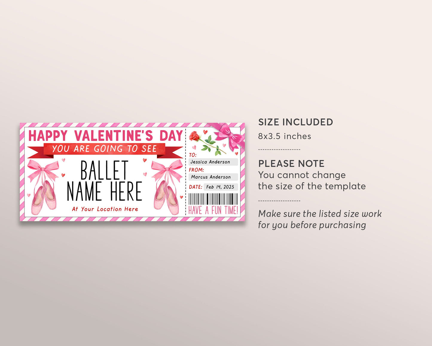 Valentines Day Ballet Gift Ticket Editable Template, Anniversary Ballet Performance Theatre Gift Certificate Voucher For Girlfriend Wife