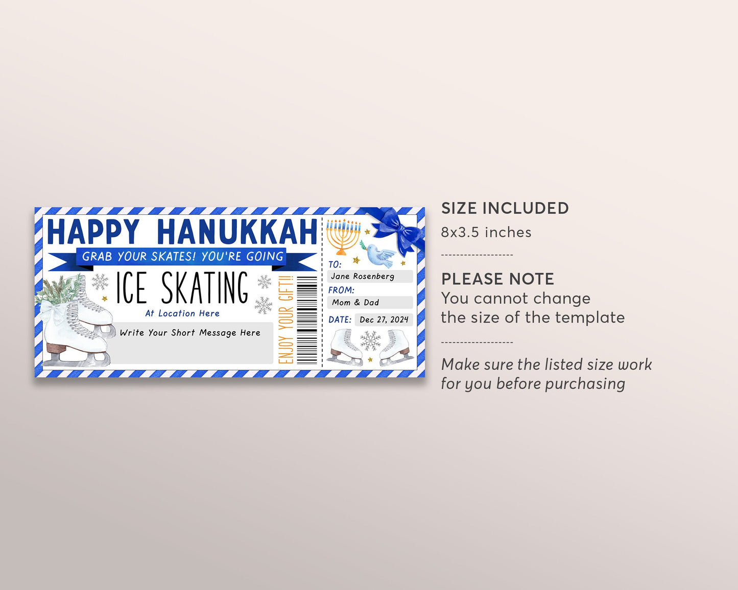 Hanukkah Ice Skating Gift Voucher Editable Template, Surprise Chanukah Skating Lessons Gift Certificate, Holiday Skating Membership Coupon