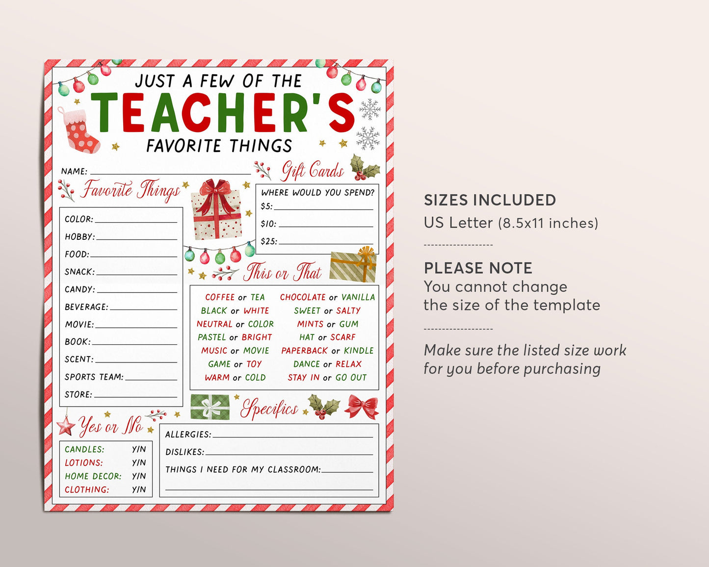 A Few Of My Favorite Things Teacher's Questionnaire Editable Template, Holiday Christmas Teacher Appreciation Gift Survey Form Wishlist