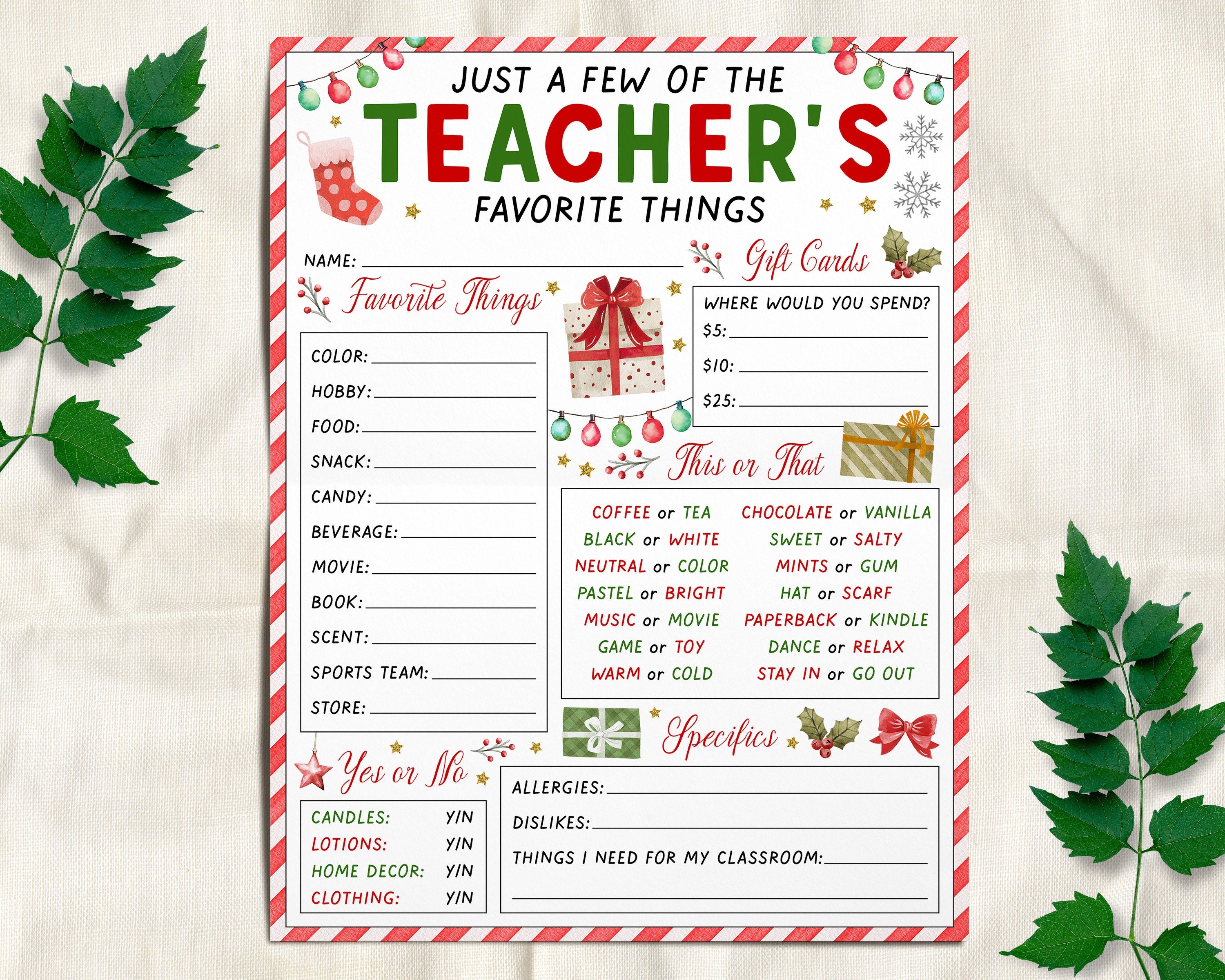 a few of my favorite things teacher's questionnaire editable template,  holiday christmas teacher appreciation gift survey form wishlist
