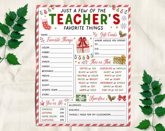 A Few Of My Favorite Things Teacher&#39;s Questionnaire Editable Template