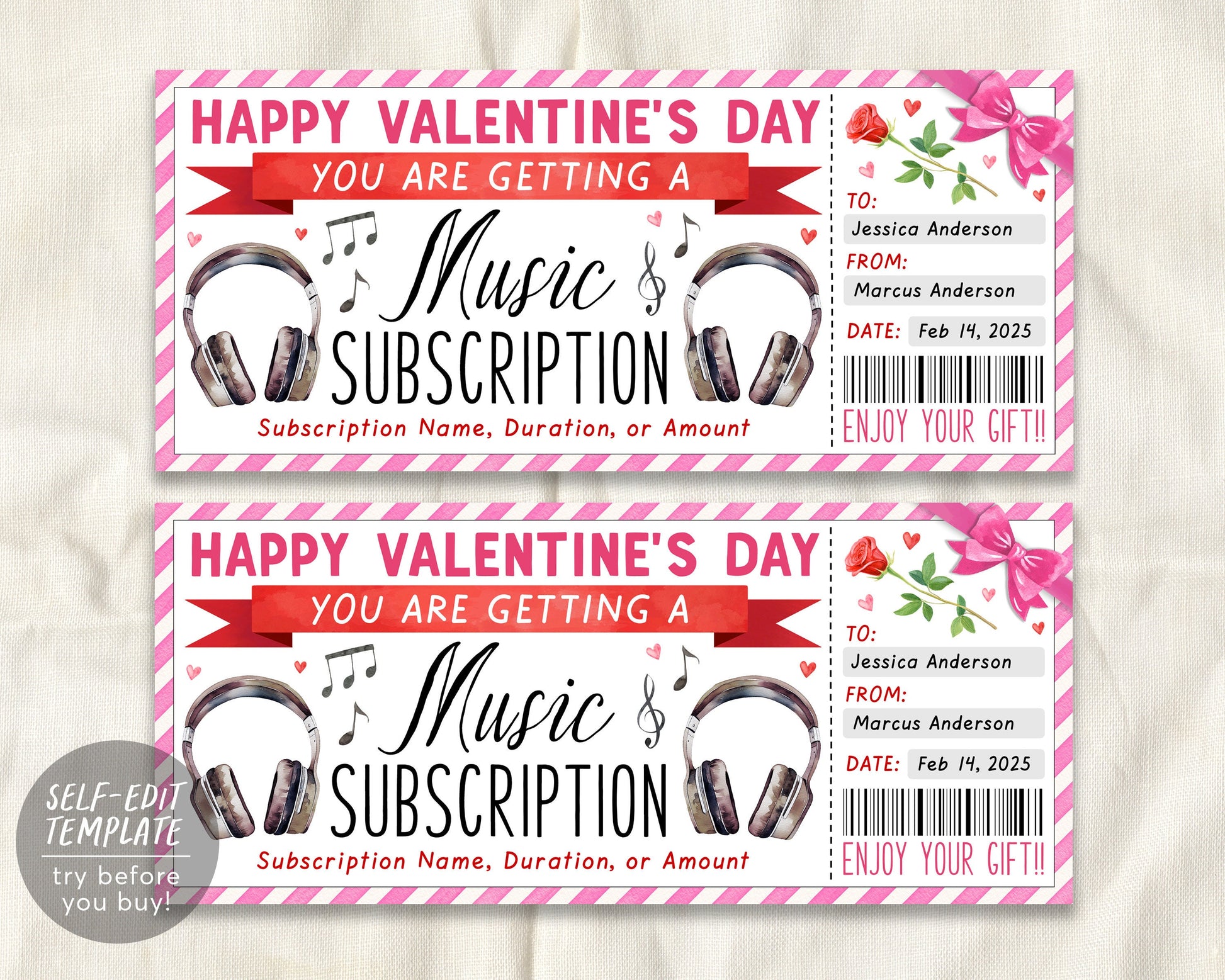 Valentines Day Music Subscription Gift Card Editable Template