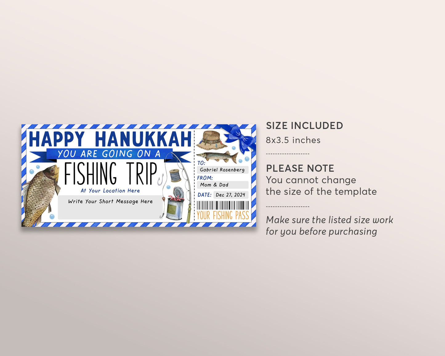 Hanukkah Retirement Fishing Trip Ticket Editable Template, Chanukah Fishing Trip Reveal Gift Certificate, Fishing Day Trip Voucher Coupon