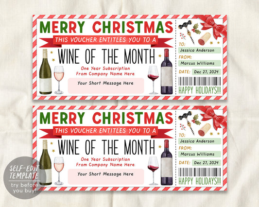Christmas Wine Subscription Gift Certificate Editable Template
