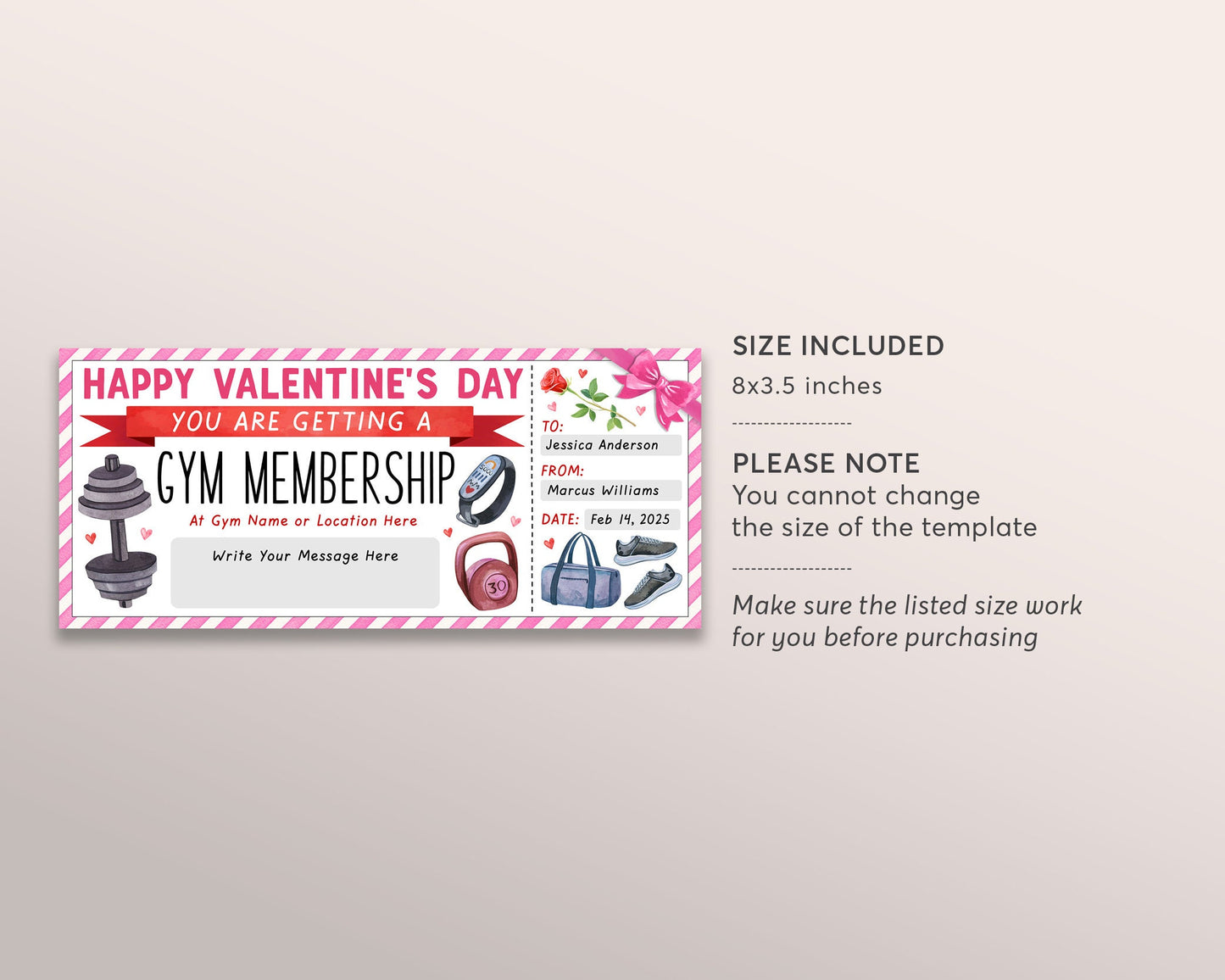 Valentines Day Gym Membership Ticket Editable Template, Surprise Personal Trainer Voucher Gift Certificate, Workout Fitness Pass Coupon