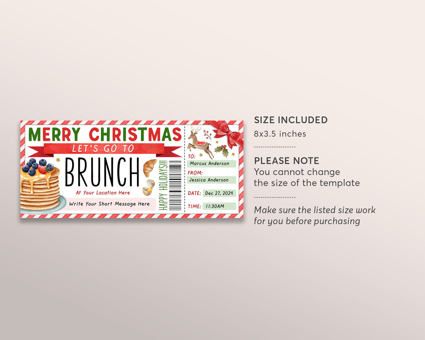 Christmas Brunch Coupon Ticket Editable Template, Surprise Xmas Lunch Luncheon Gift Certificate, Holiday Pancakes Gift Voucher Printable