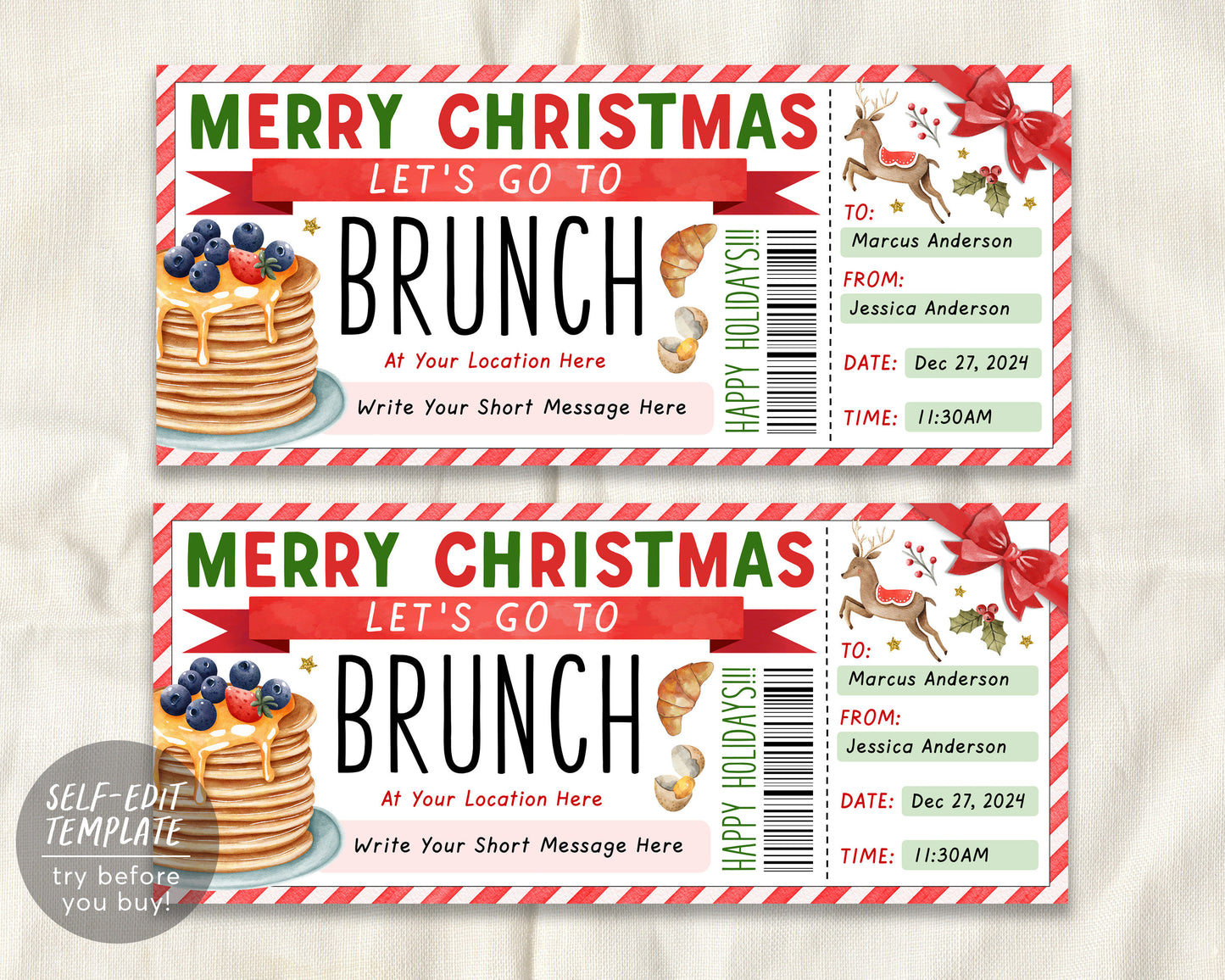 Christmas Brunch Coupon Ticket Editable Template