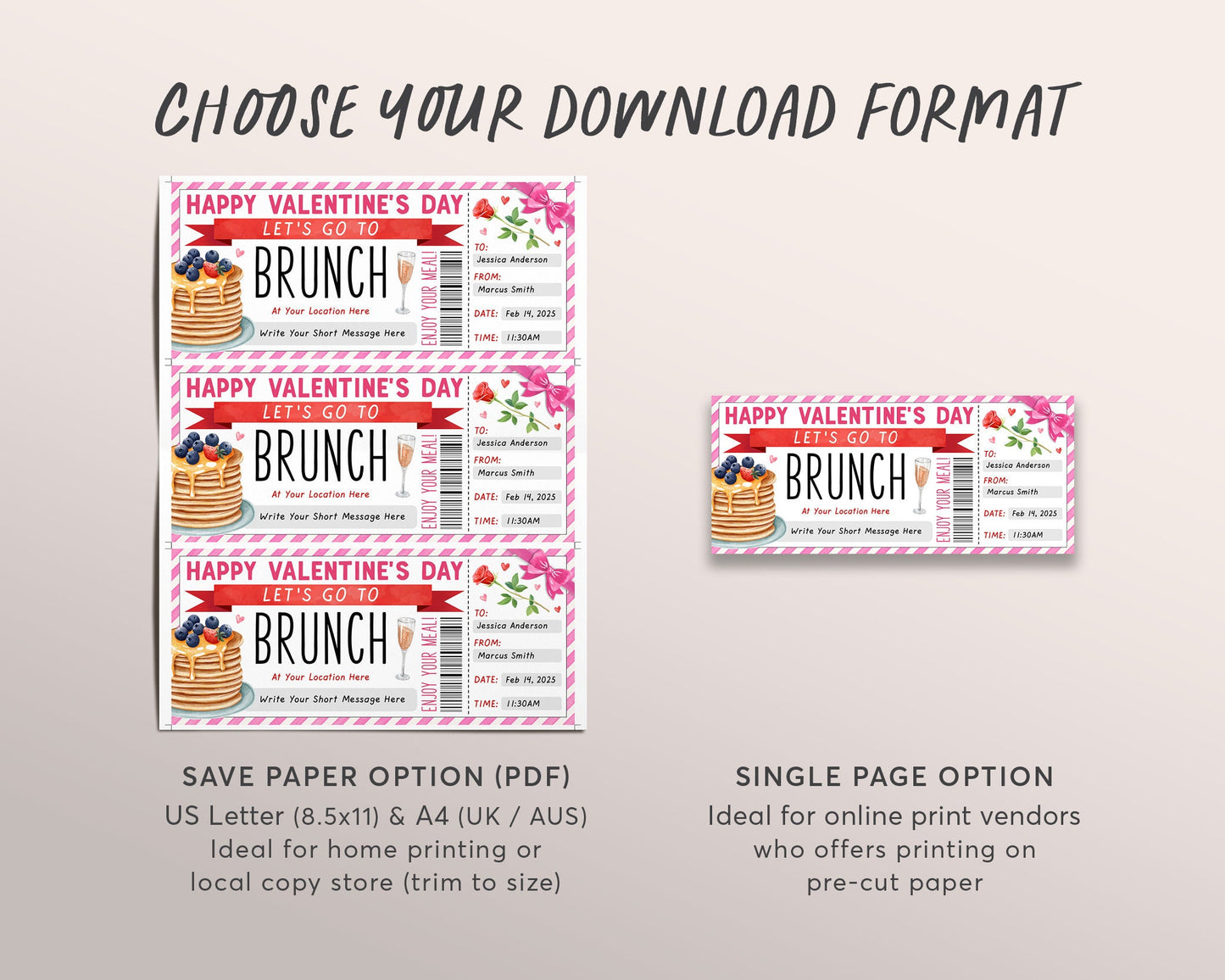 Valentines Day Brunch Coupon Ticket Editable Template, Anniversary Surprise Lunch Luncheon Gift Certificate, Breakfast Pancakes Gift Voucher