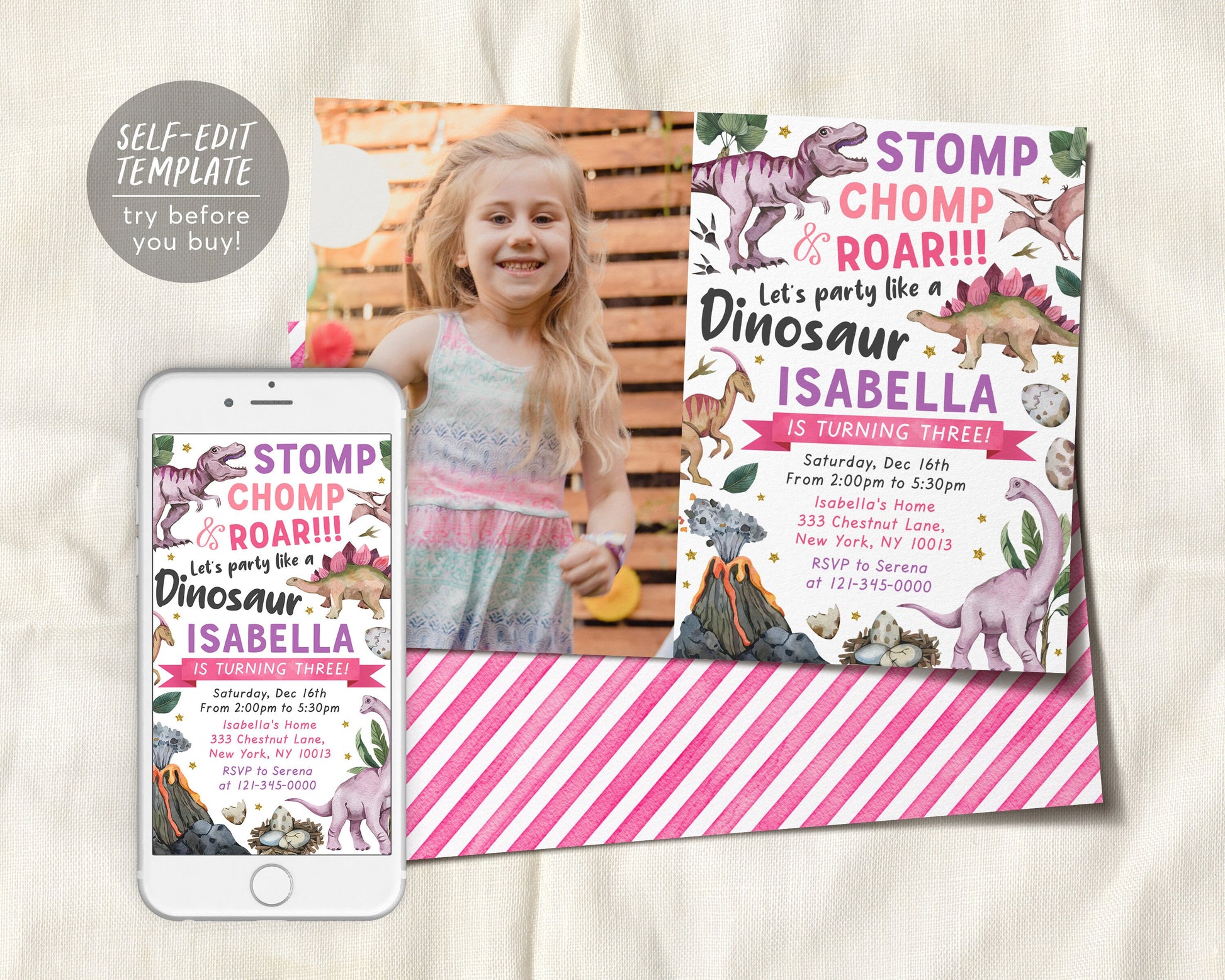 Dinosaur Birthday Party Invitation With Photo Editable Template