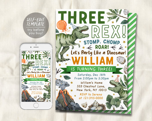 Three Rex Dinosaur Birthday Invitation Editable Template