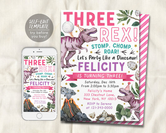 Three Rex Dinosaur Birthday Invitation Editable Template