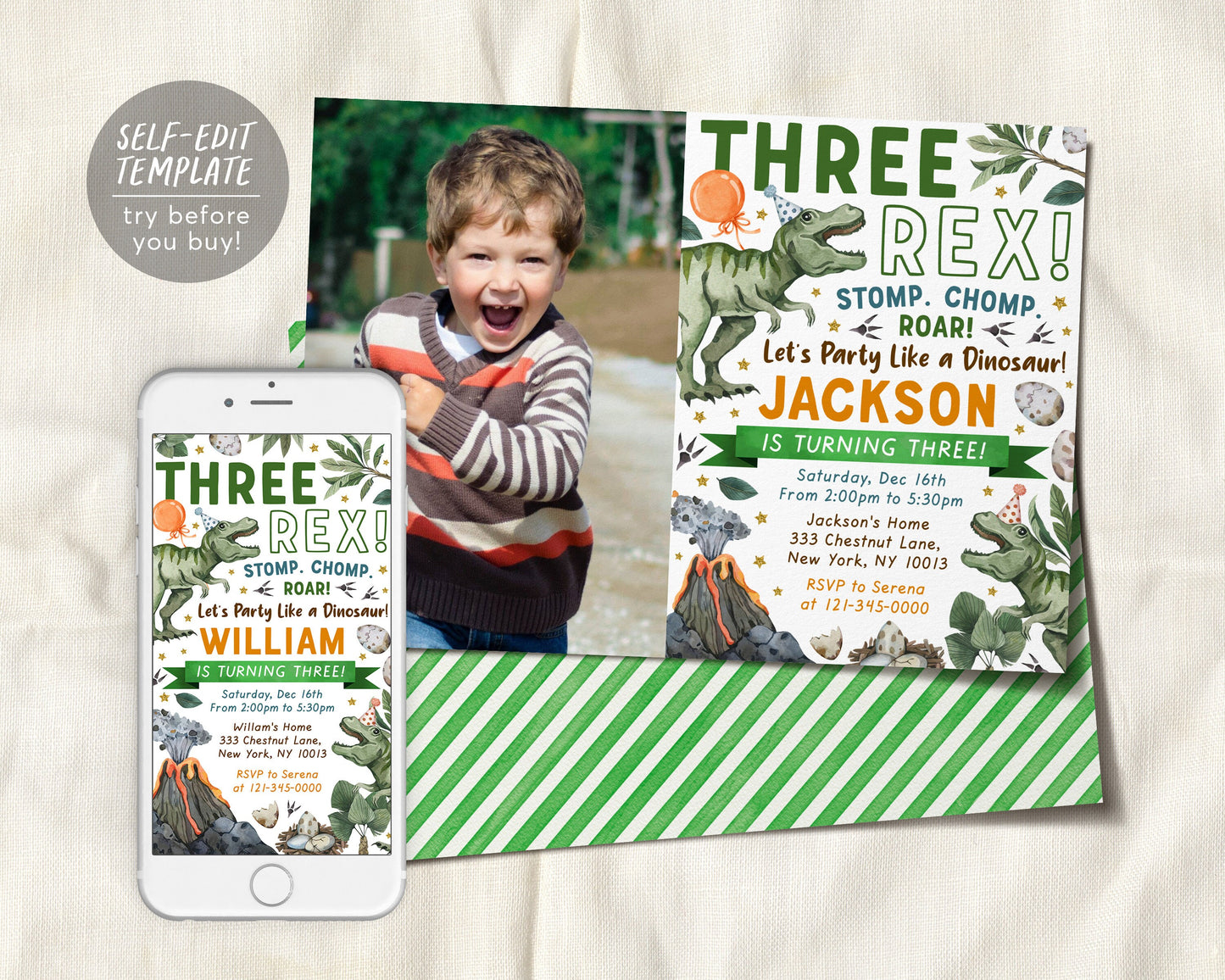 Three Rex Dinosaur Birthday Invitation With Photo Editable Template