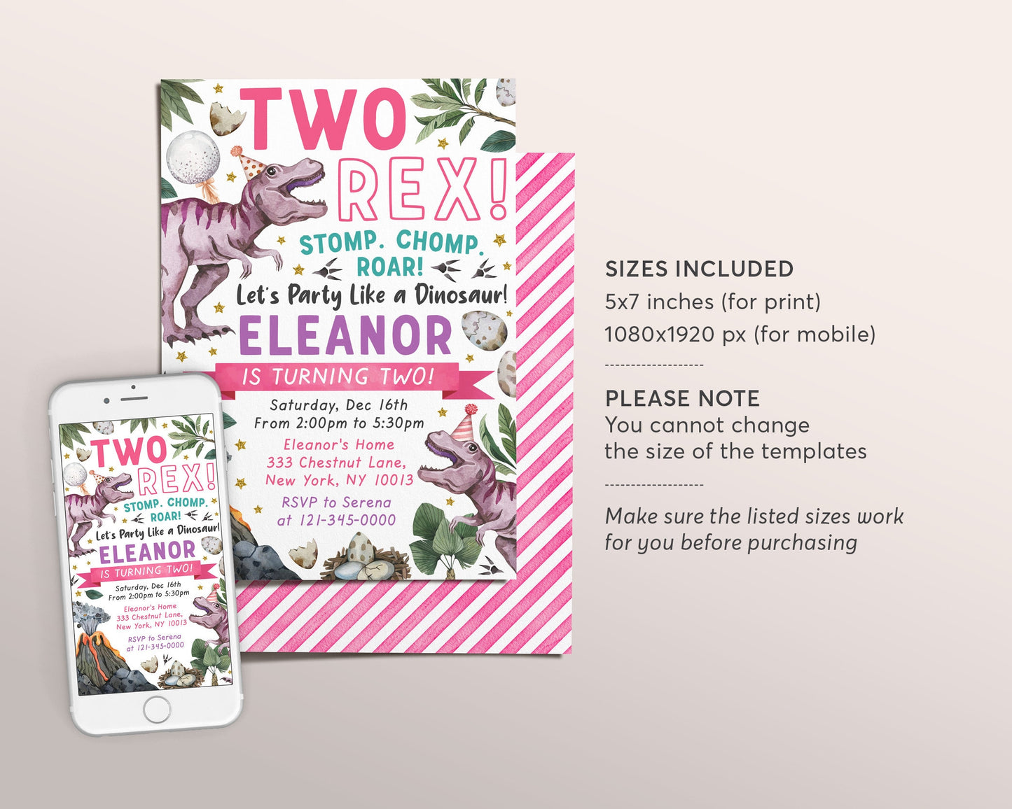 Two Rex Dinosaur Birthday Invitation Editable Template, T-Rex Dino Girl 2nd Second Birthday Party Invite Evite, Tyrannosaurus Jurassic Party