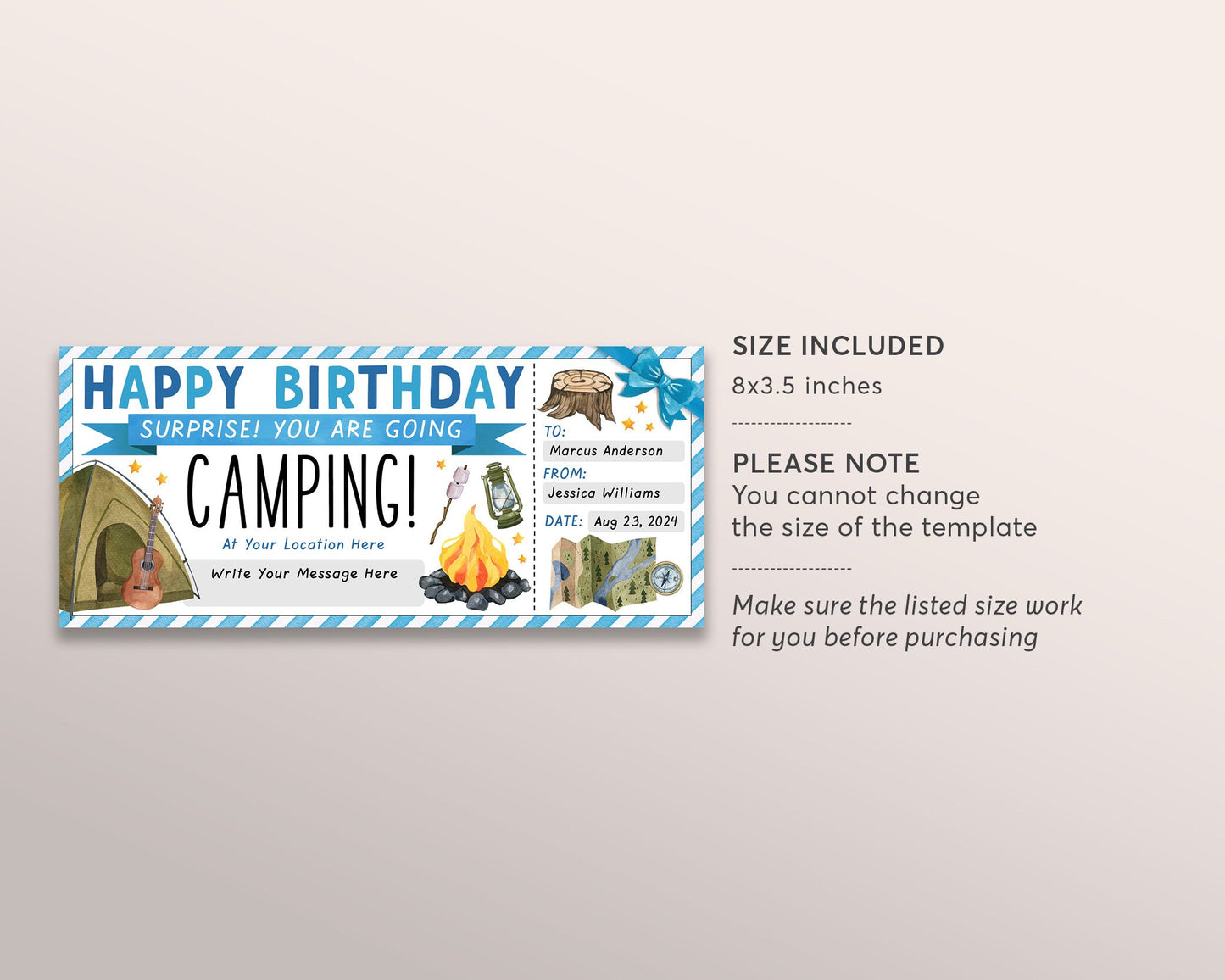 Camping Trip Ticket Editable Template, Birthday Weekend Trip Reveal Gift Certificate For Him, Wilderness Hiking Experience Voucher Coupon