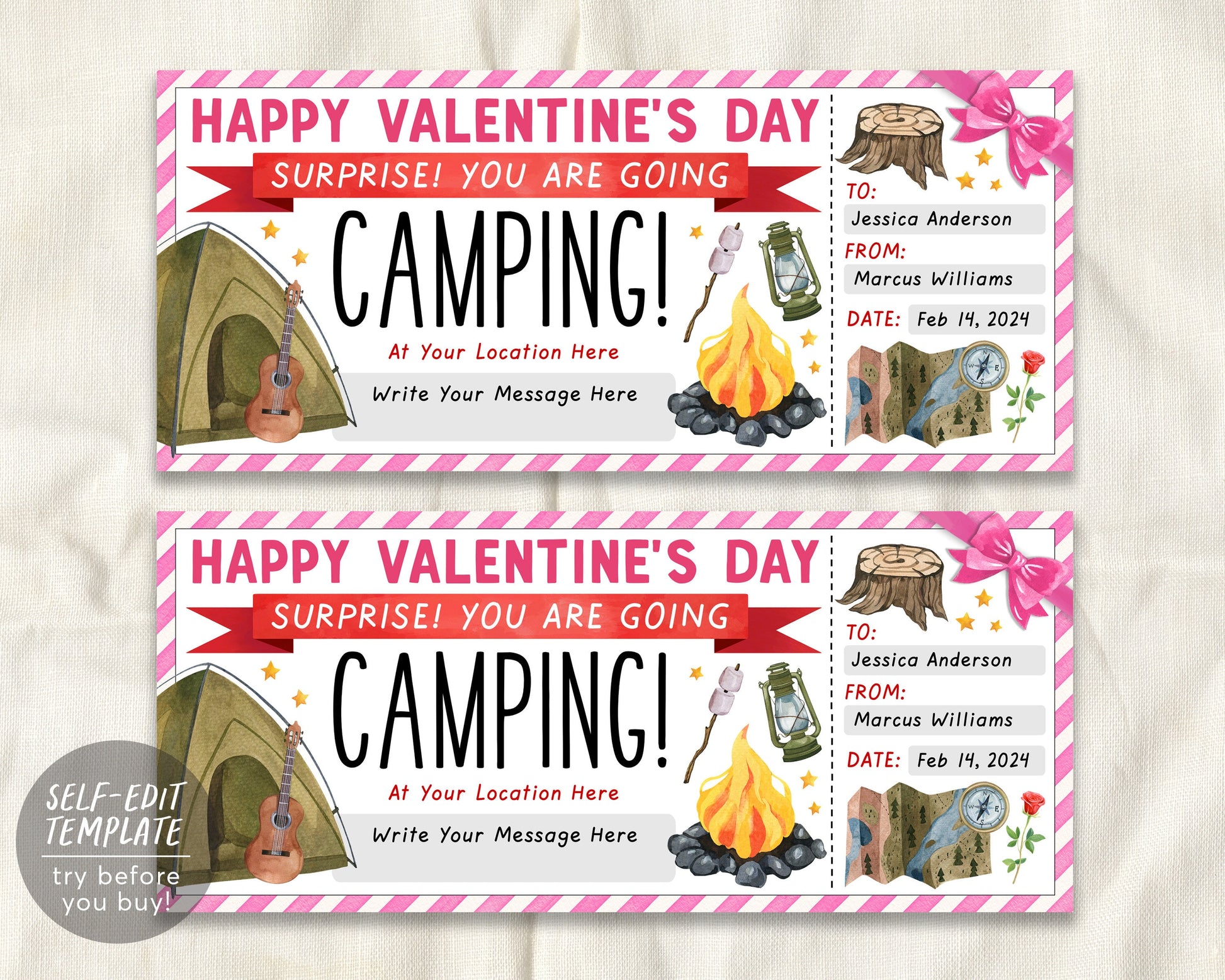 zelt voucher Valentines Day Camping Trip Ticket Editable Template, Anniversary Weekend Trip Gift Certificate, Wilderness Hiking Experience Voucher Coupon