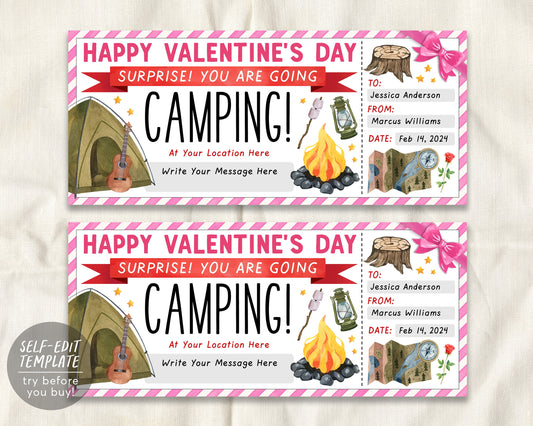 Valentines Day Camping Trip Ticket Editable Template