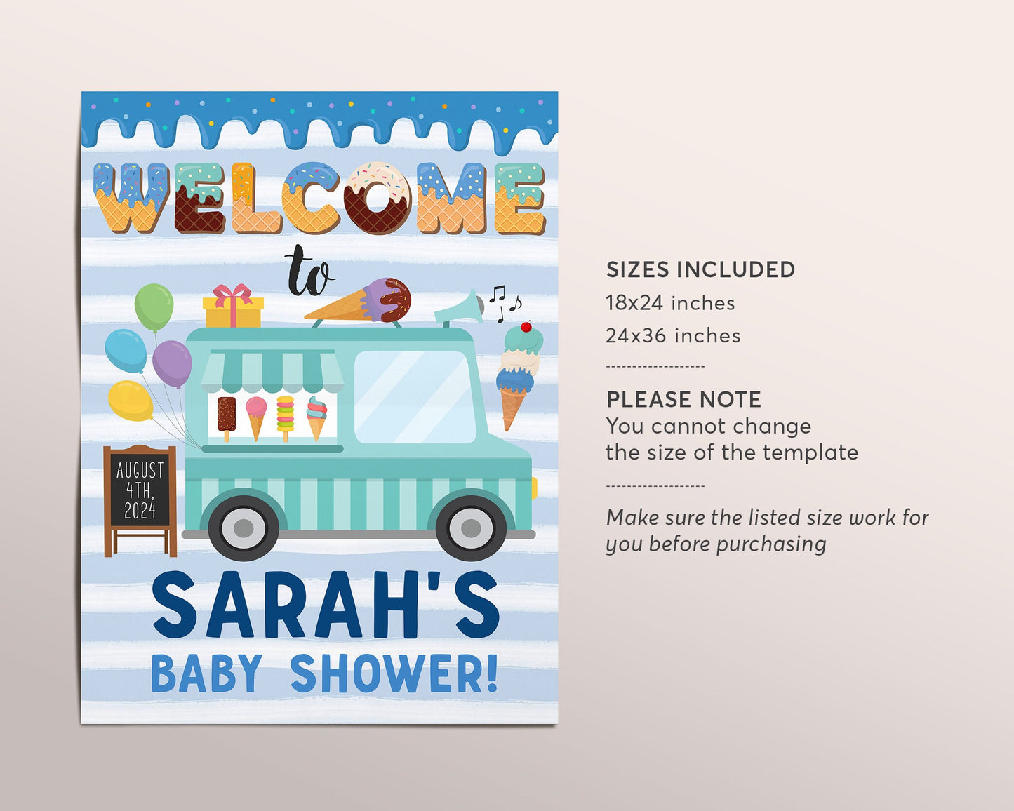 Ice Cream Truck Baby Shower Welcome Sign Editable Template, Boy Baby Sprinkle Decorations, Summer Sprinkles Here's the Scoop Poster Decor