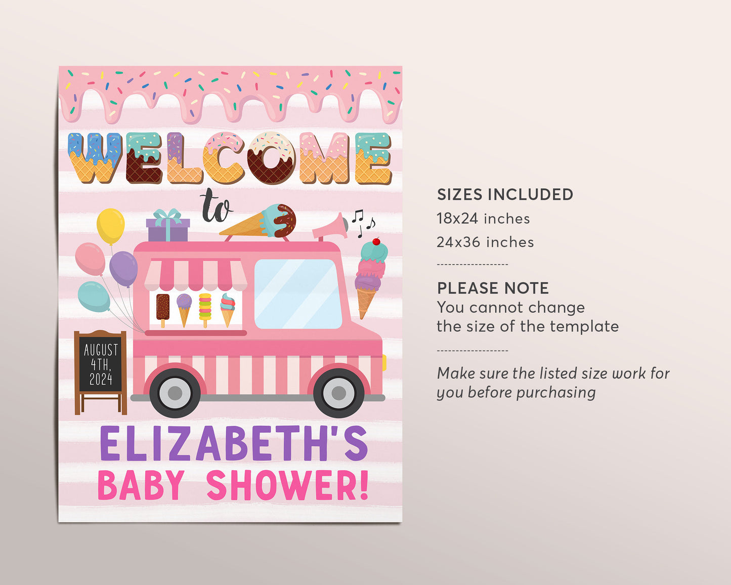 Ice Cream Truck Baby Shower Welcome Sign Editable Template, Girl Baby Sprinkle Decorations, Summer Sprinkles Here's the Scoop Poster Decor