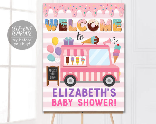 Ice Cream Truck Baby Shower Welcome Sign Editable Template