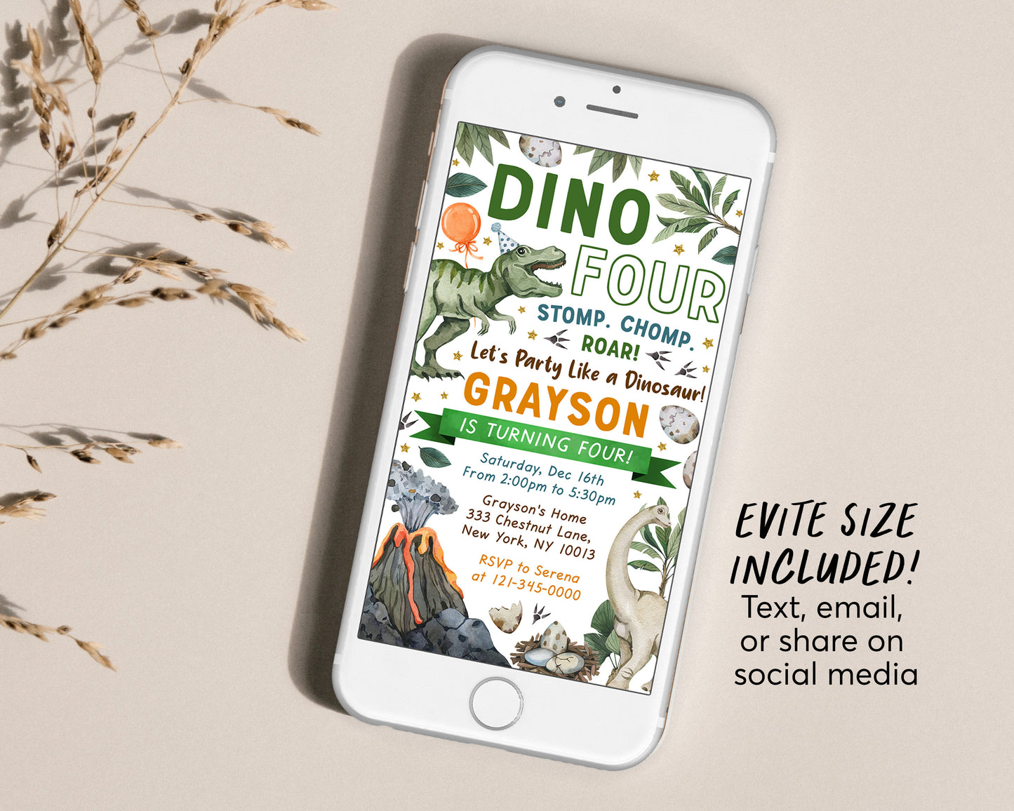 Dino Four Dinosaur Birthday Invitation Editable Template, T-Rex Dino Boy Fourth 4th Birthday Party Invite Evite, Tyrannosaurus Jurassic