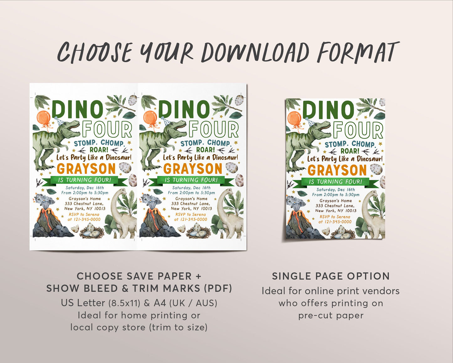 Dino Four Dinosaur Birthday Invitation Editable Template, T-Rex Dino Boy Fourth 4th Birthday Party Invite Evite, Tyrannosaurus Jurassic