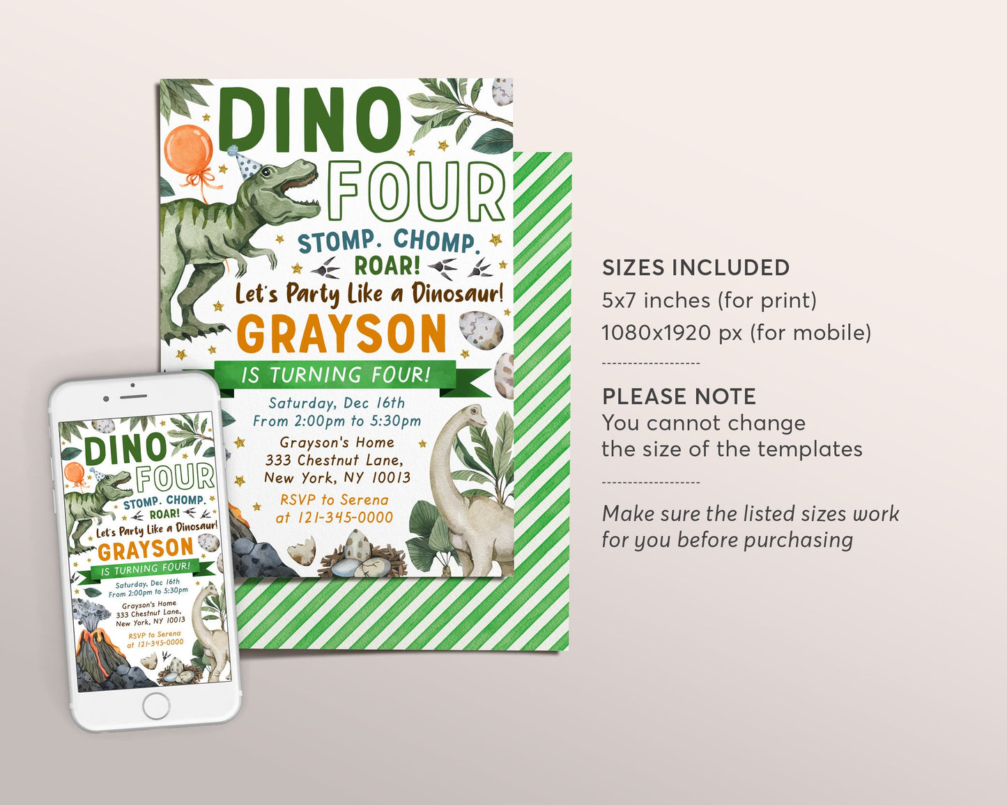 Dino Four Dinosaur Birthday Invitation Editable Template, T-Rex Dino Boy Fourth 4th Birthday Party Invite Evite, Tyrannosaurus Jurassic