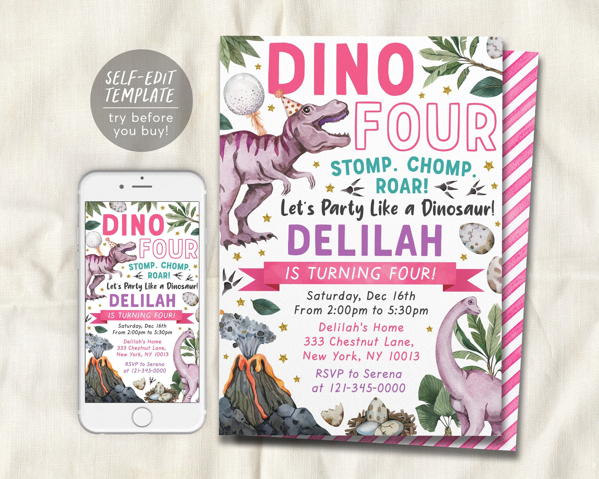 Dino Four Dinosaur Birthday Invitation Editable Template