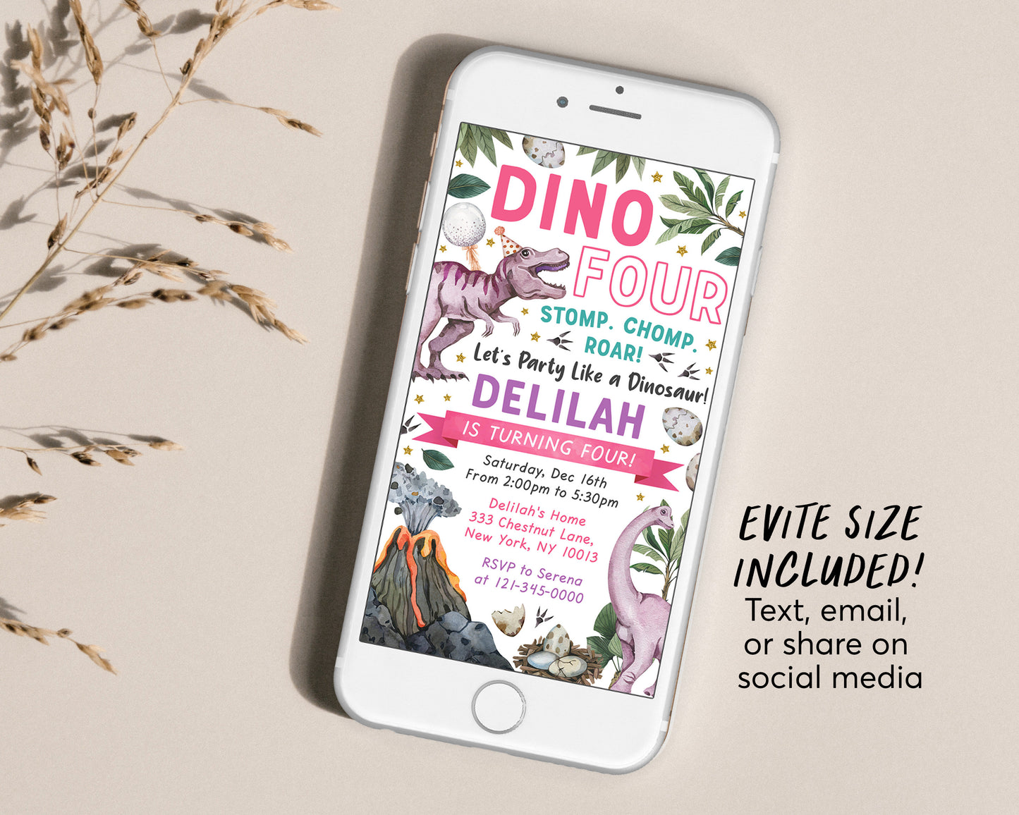 Dino Four Dinosaur Birthday Invitation With Photo Editable Template, T-Rex Pink Dino Girl 4th Birthday Party Invite Evite, Tyrannosaurus