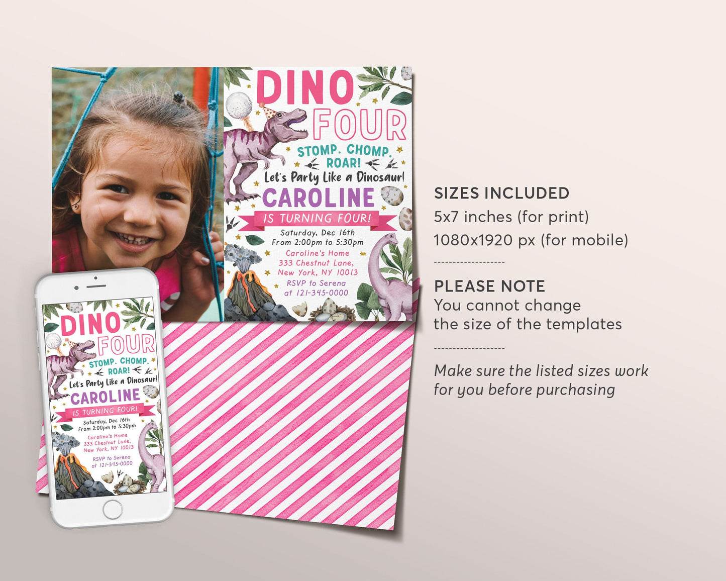 Dino Four Dinosaur Birthday Invitation With Photo Editable Template, T-Rex Pink Dino Girl 4th Birthday Party Invite Evite, Tyrannosaurus